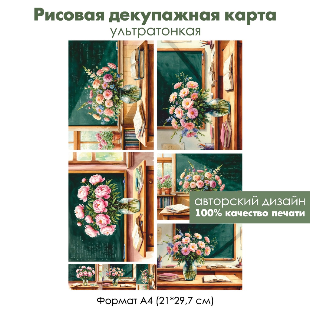 Декупажная рисовая карта Букет на столе учителя, формат А4