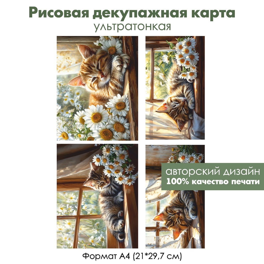 Декупажная рисовая карта Котенок в ромашках, формат А4