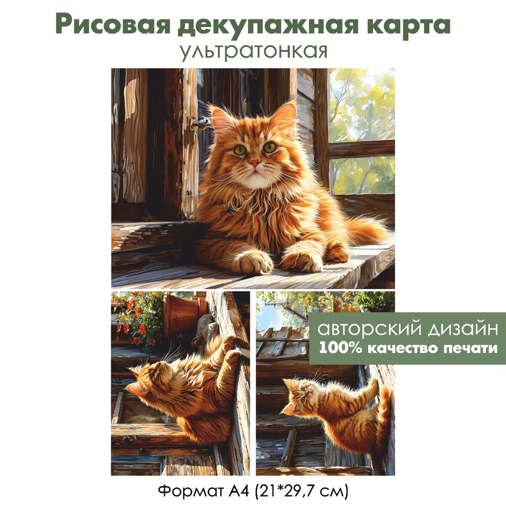 Декупажная рисовая карта Рыжий кот, формат А4