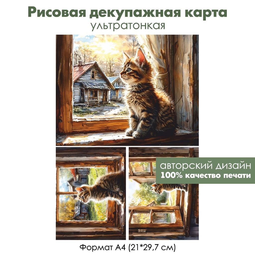 Декупажная рисовая карта Кот в деревне, формат А4