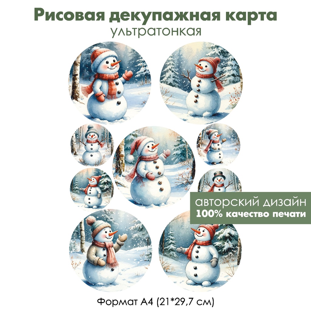 Декупажная рисовая карта Снеговики медальоны, формат А4