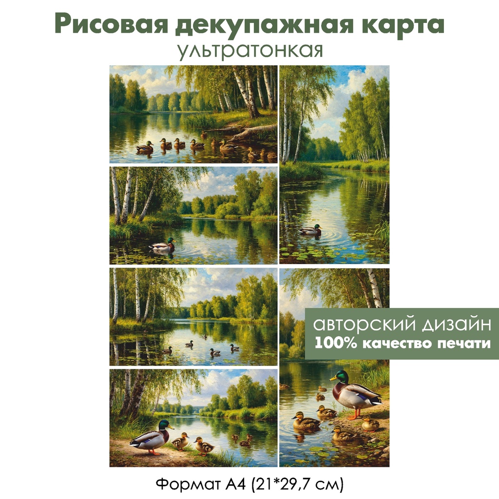 Декупажная рисовая карта Птицы на лесном озере, формат А4