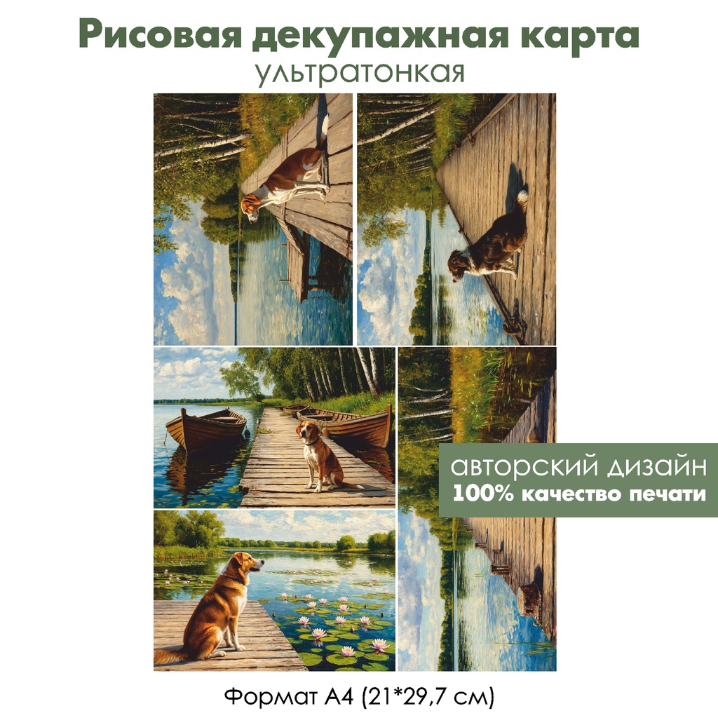 Декупажная рисовая карта Собака у озера, формат А4