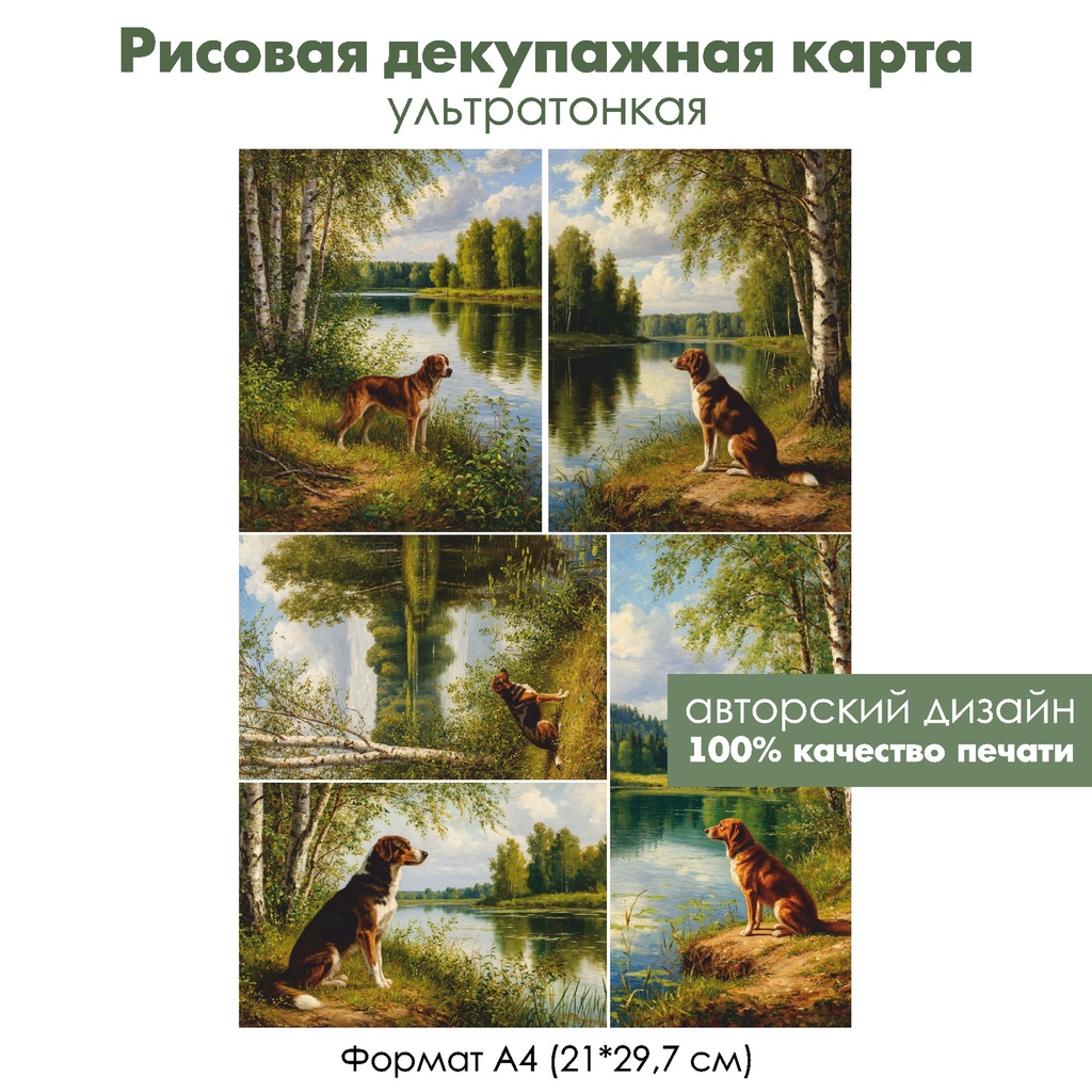 Декупажная рисовая карта Собака на берегу озера, формат А4