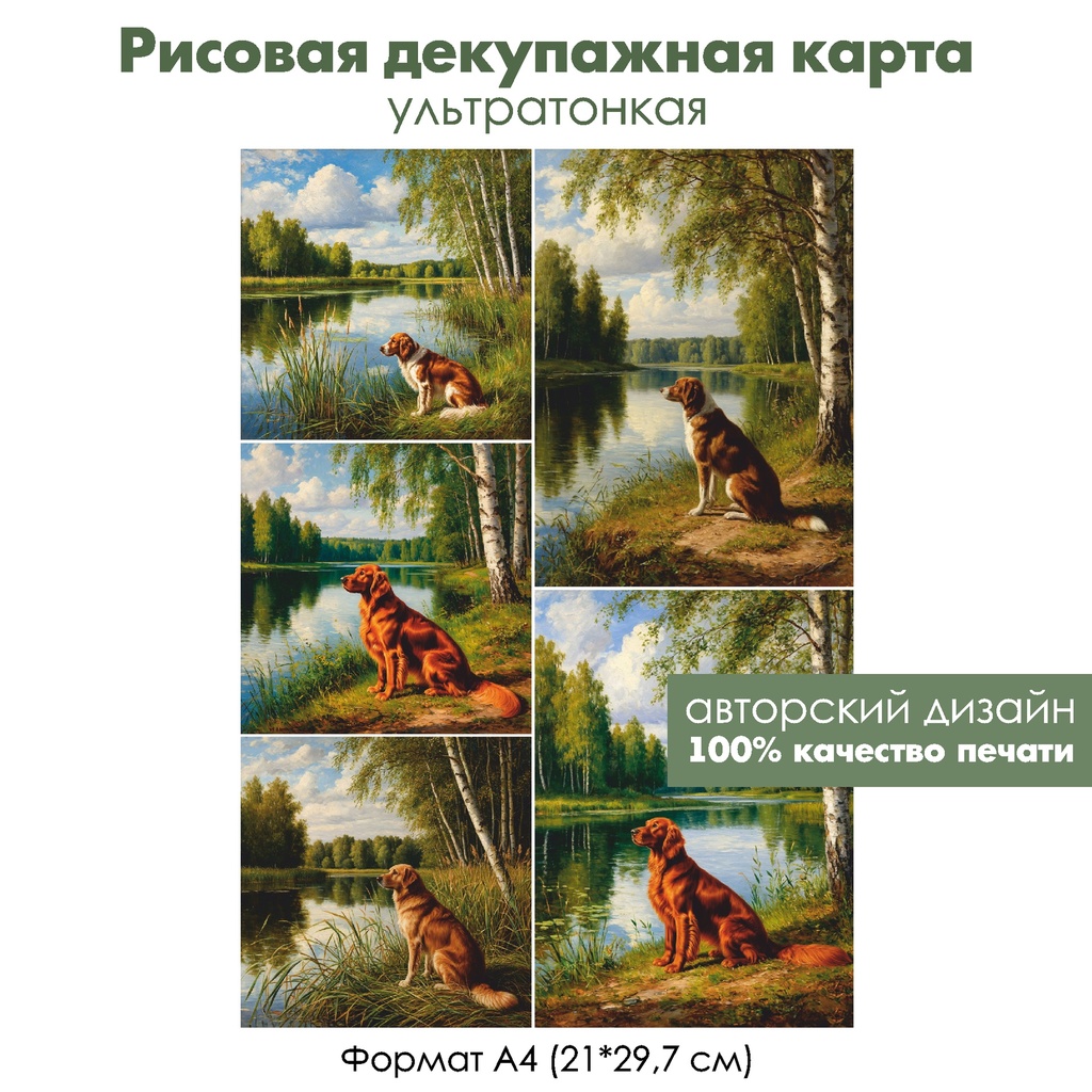Декупажная рисовая карта Собака на берегу озера, формат А4