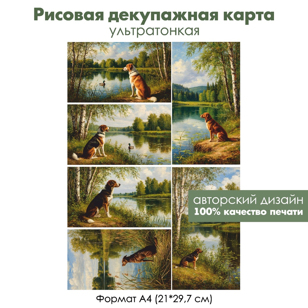 Декупажная рисовая карта Собака на берегу озера, формат А4