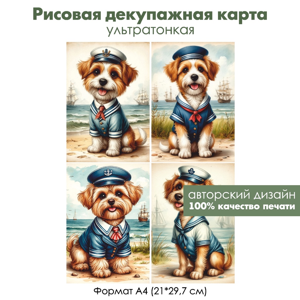 Декупажная рисовая карта Собачка в морской форме, формат А4