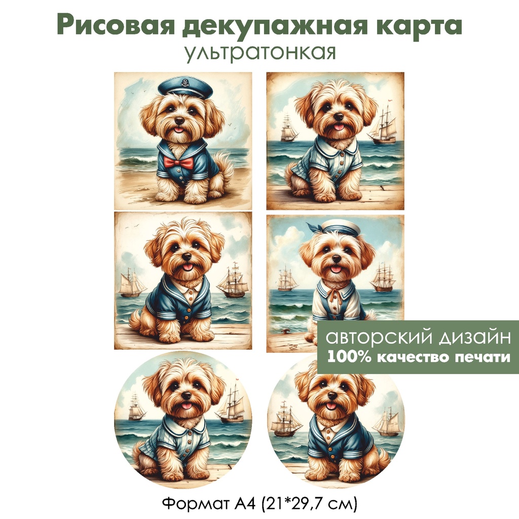 Декупажная рисовая карта Собачка в морской форме, формат А4
