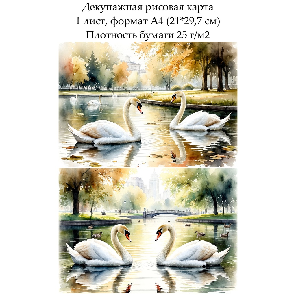 Декупажная рисовая карта Лебеди, формат А4