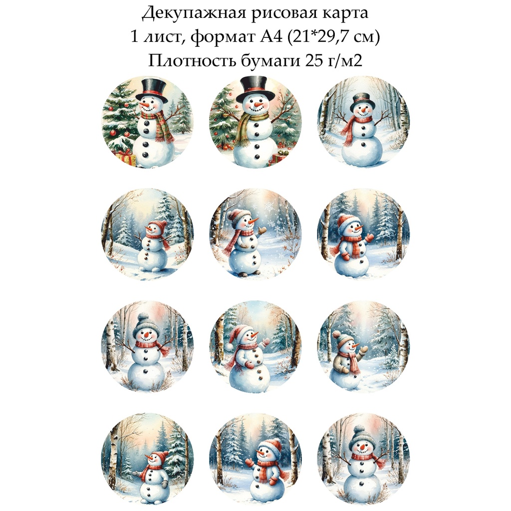 Декупажная рисовая карта Медальоны со снеговиками, формат А4