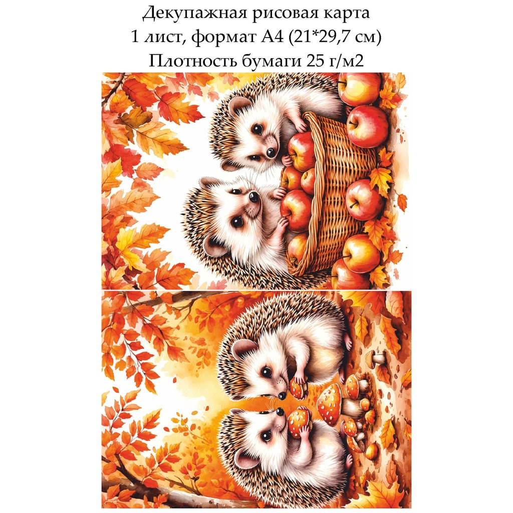 Декупажная рисовая карта Ежики осенью, формат А4