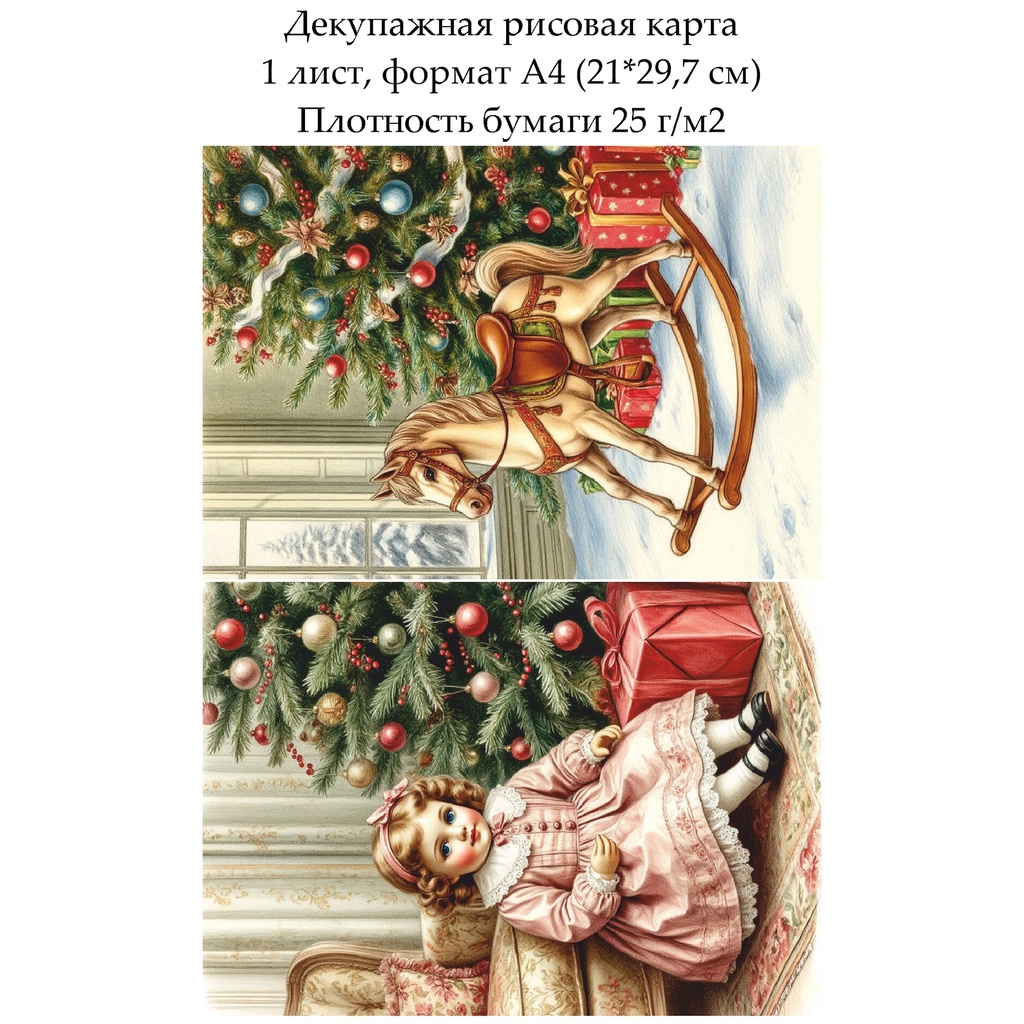 Декупажная рисовая карта Винтажное Рождество. Игрушки, формат А4