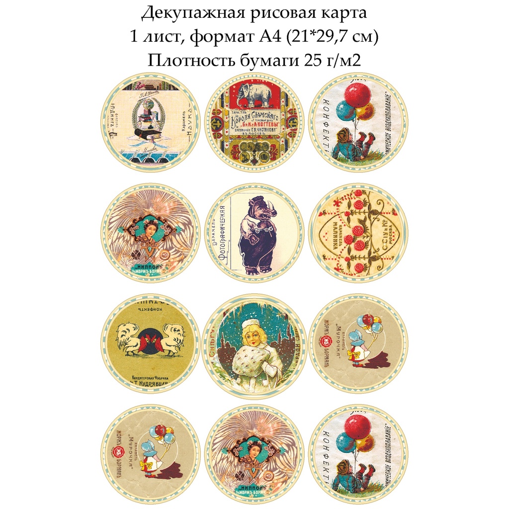 Декупажная рисовая карта Винтажные фантики, формат А4