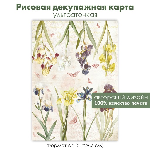 Декупажная рисовая карта Ирисы, винтажные цветы, бабочки, фон каллиграфия, формат А4
