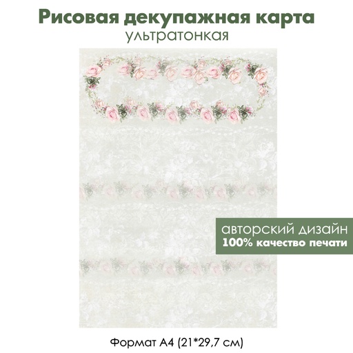Декупажная рисовая карта Нежные винтажные розы, венок из роз, формат А4