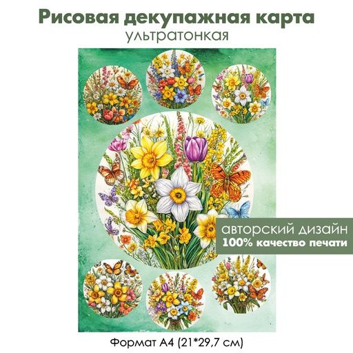 Декупажная рисовая карта Нарциссы и бабочки, формат А4