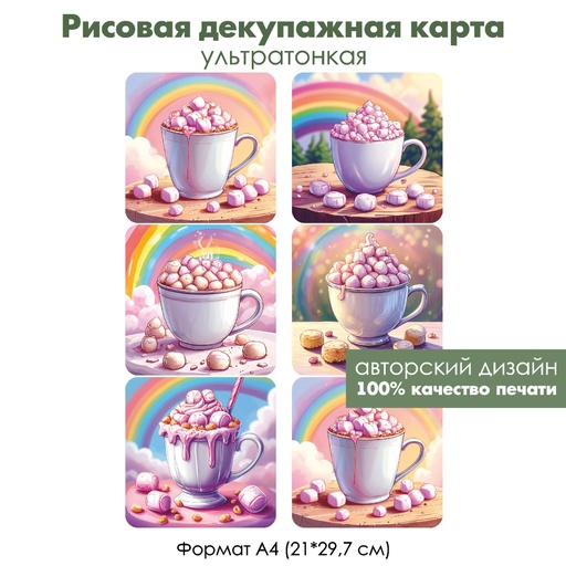 Декупажная рисовая карта Какао с зефирками, формат А4