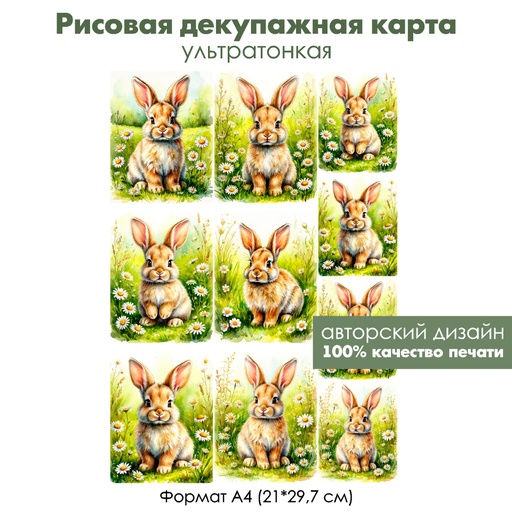 Декупажная рисовая карта Зайка на полянке, формат А4